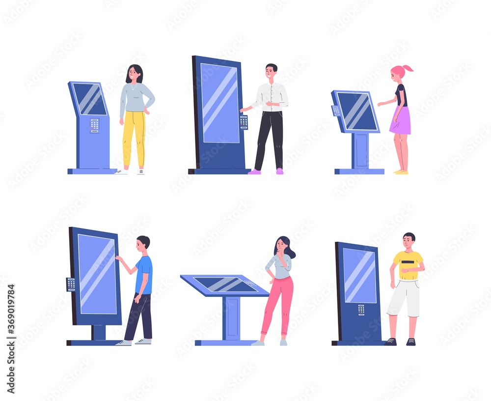 People using digital sensor self service panel-set of vector isolated illustrations People using digital sensor self service panel-set of vector isolated illustrations