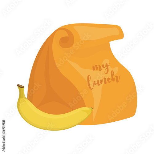 Cartoon paper lunchbag and banana, vector illustration
