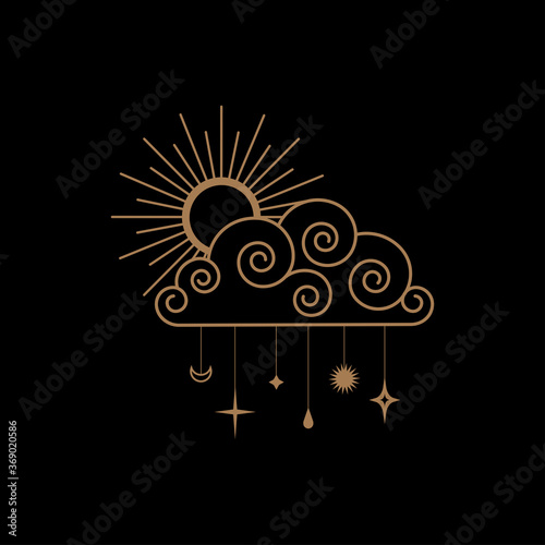Hand drawn illustration with sun and cloud in boho vintage style. Flash tattoo, sticker, patch or print design vector illustration
