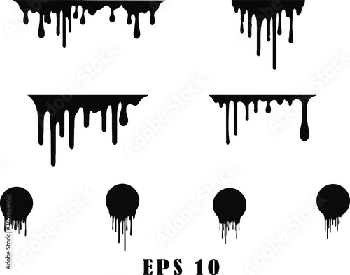Black dripping ink painted oil drips liquid drops art messy paint splatter melt fluid spots. Dripping paint swashes just a collection of various size paint drips.