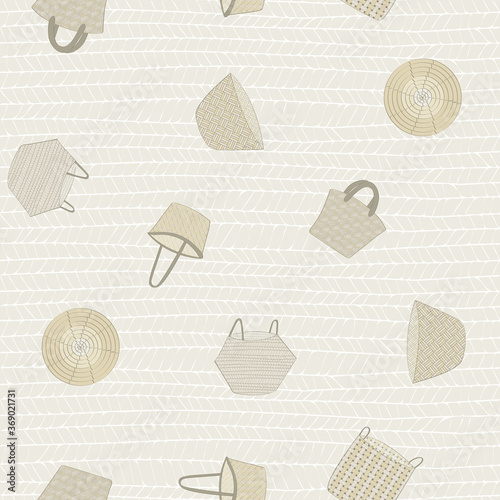 Vector Baskets in Brown Gold Beige Scattered on Beige Seamless Repeat Pattern. Background for textiles, cards, manufacturing, wallpapers, print, gift wrap and scrapbooking.