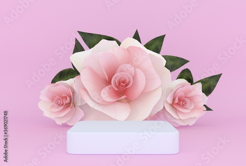 abstract pink color geometric flowers shape background, showcase for product 3d render.
 photo