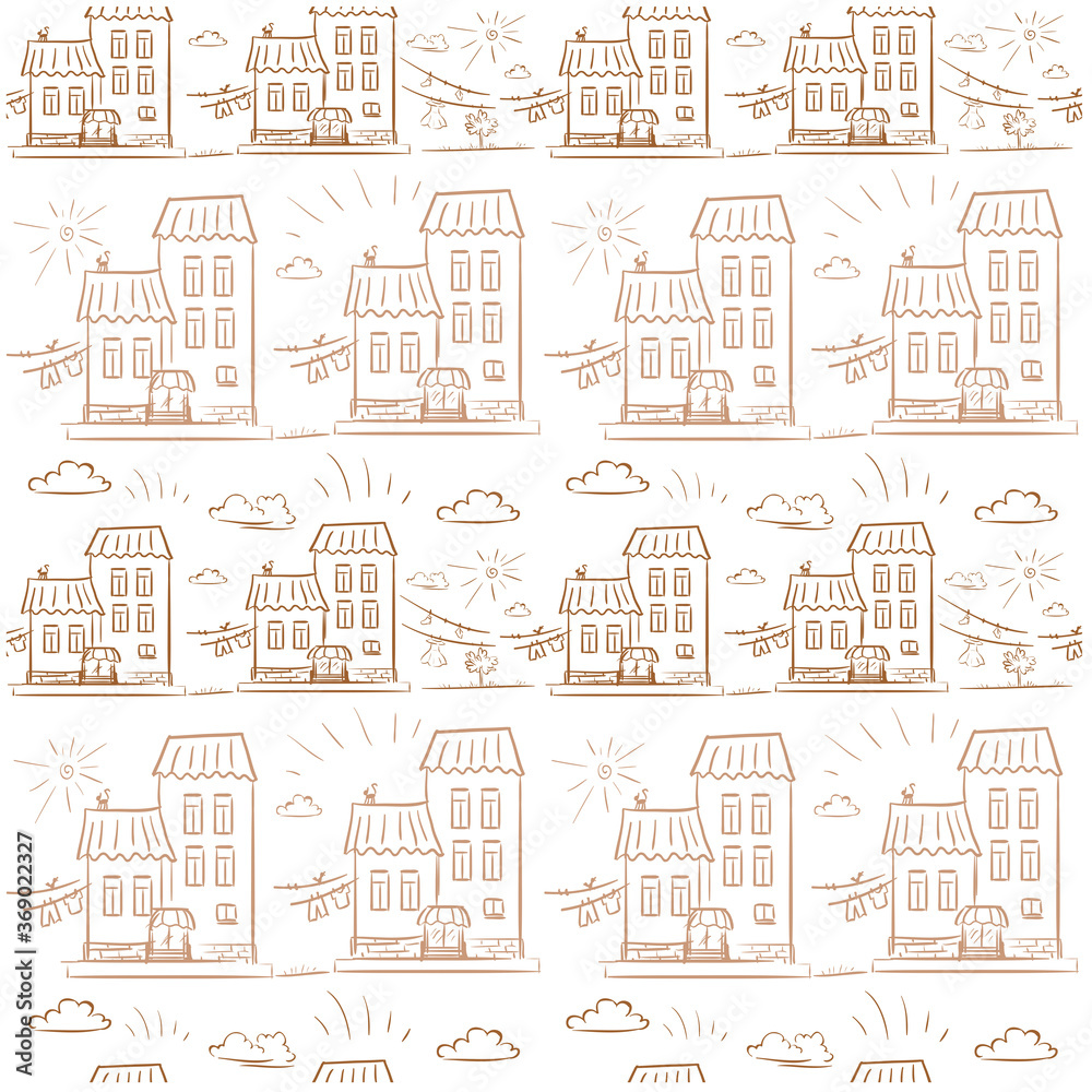 Seamless brown pattern Kids art Bildings of city street with dry clothes