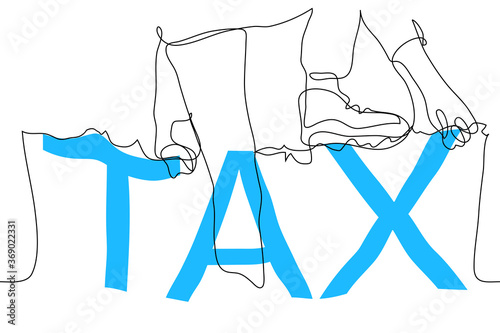 The person climbs over the fence in the form of the word "TAX". Vector illustration one continuous line art. Tax increase / decrease concept, economic news, finance. Can be used for animation