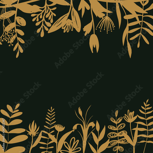 floral square background. Vector illustration with golden plants top and bottom