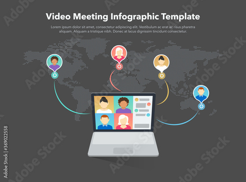 Simple infographic for video meeting with a computer and four people on video conference - dark version. Flat infographic design template.