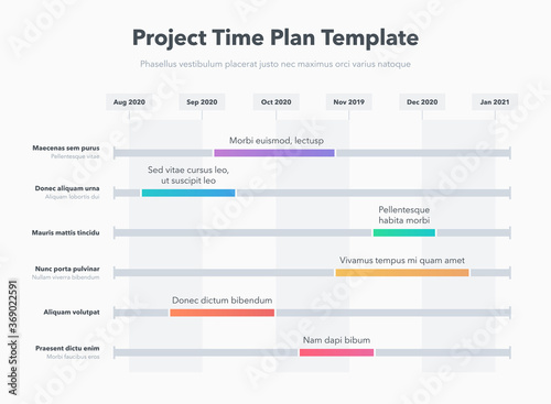 Simple business project time plan template with colorful project tasks in time intervals. Easy to use for your website or presentation.