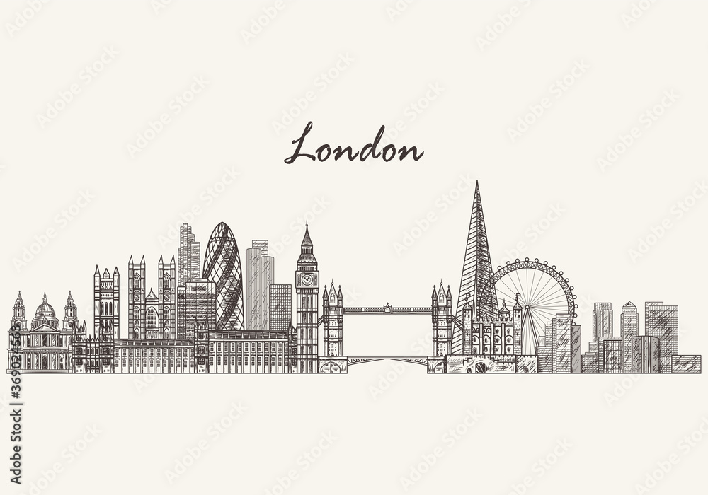 London detailed skyline. London in sketch style. Famous London monuments. Vector illustration