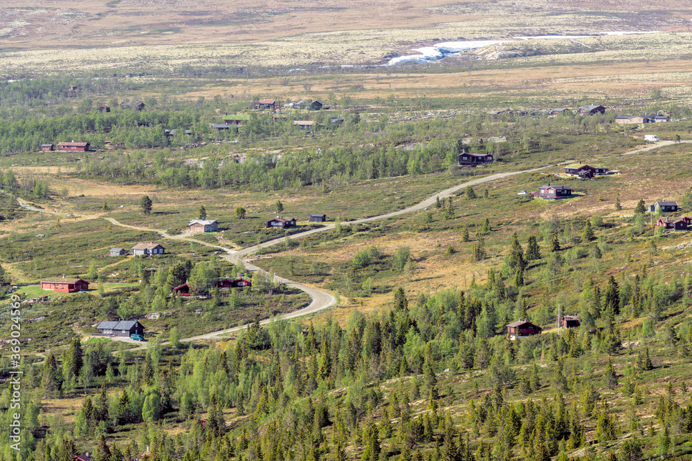 Naklejka premium Curved gravel road and family holiday cabins near Rondane national park in Norway.