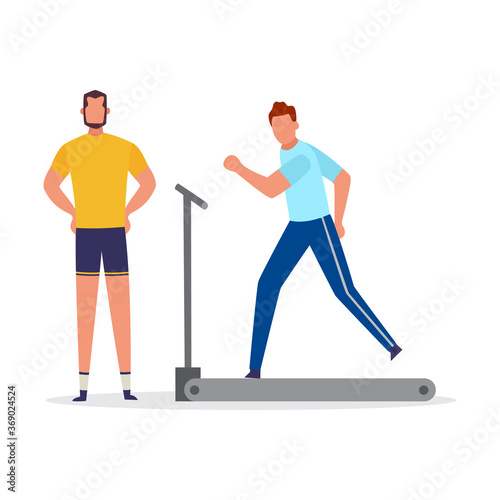 Personal coach giving instruction to man, flat vector illustration isolated.