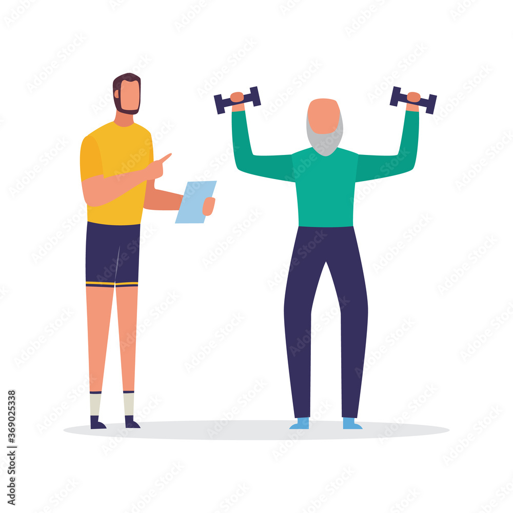 Elderly man training with personal coach flat vector illustration isolated.