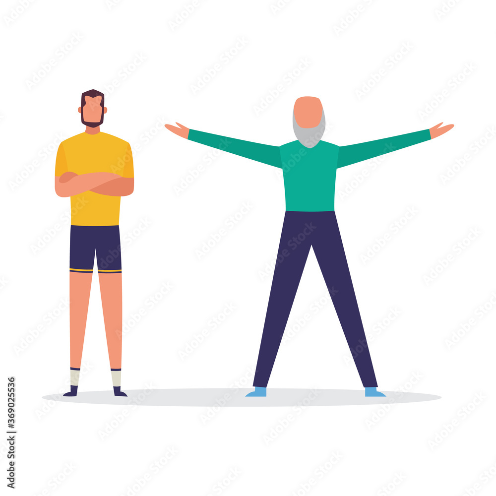 Man character training with personal coach, flat vector illustration isolated. Man character training with personal coach, flat vector illustration isolated.