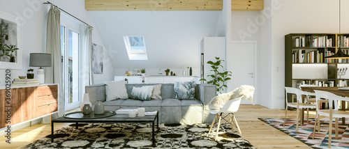 modern luxury cosy bright attic loft apartment - 3d rendering photo