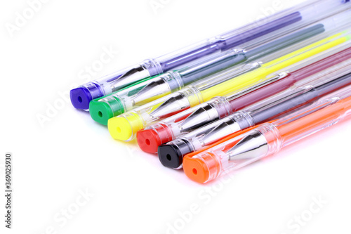 Set of colorful gel pens on white background.School Education