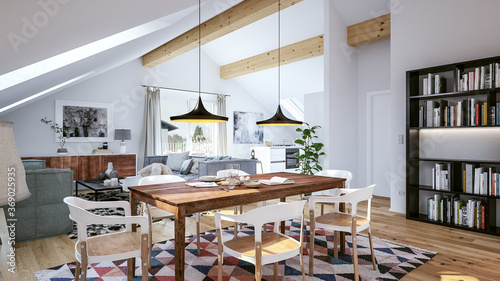 modern luxury cosy bright attic loft apartment - 3d rendering