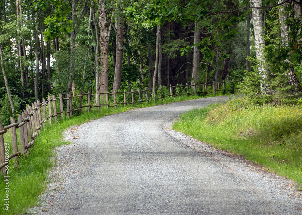 landscape with a simple country road and a wooden fence along the edge, summer