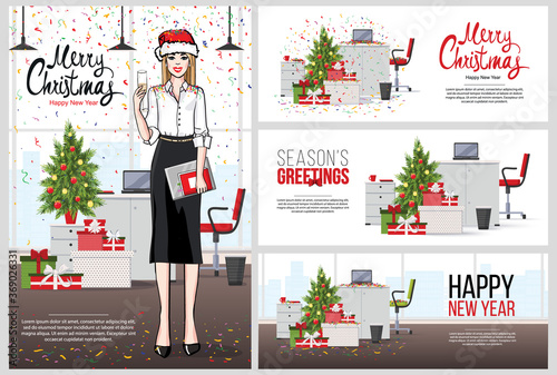 Modern office interior Happy New year and Christmas cards set for corporate celebrations. Young attractive woman, office worker in Santa hat and champain glass. Designer desktop, laptop flat design.