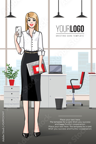 Young attractive woman, office worker, secretary, manager, in a black skirt and white blouse, holding a smartphone and makes selfie in modern office interior in flat design. Vector illustration