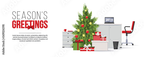 Seasons greeting happy new year card. Christmas tree and gift boxes in modern office interior with designer desktop, laptop, chair in flat design. Vector illustration. Working place in office interior