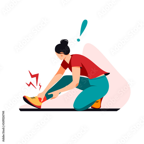 Sport trauma, damage while running.  Woman suffers form ankle pain.