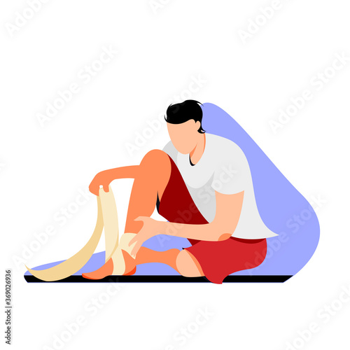 Man bandaging his leg vector illustration. Sports trauma, sprain, varicose veins, post-injury