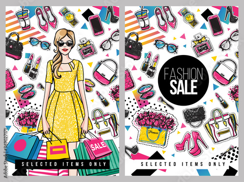 Fashion Sale and special offer concept card for online shopping. Vector illustration of fashion model, makeup accessories for website and mobile, poster, email and banner designs, ads, promo material