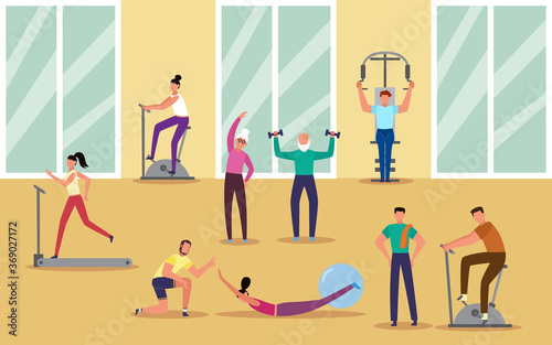 People at fitness center by supervising of personal coach, vector illustration.