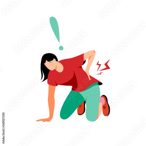 Woman suffering from pain in the lumbar region. Injury during sports in the spine.