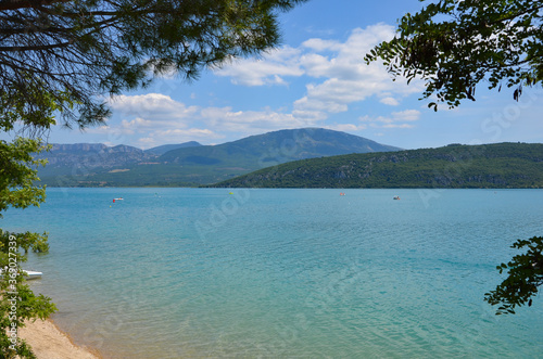 Lac de Sainte-Croix (Lake Sainte Croix) in Provence-Alpes-Côte d'Azur, France, on lavender route near Valensole, sunny day in summer, panoramic view