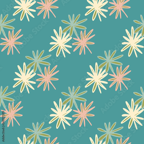 Abstract floral seamless pattern with daisy flowers. Turquoise background and pink, yellow and green botanic elements.