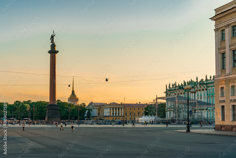 St Petersburg/ Russia - 27 July 2020:  Palace square with tourists in the summer evening in Saint Petersburg, the concept of Russian tourism