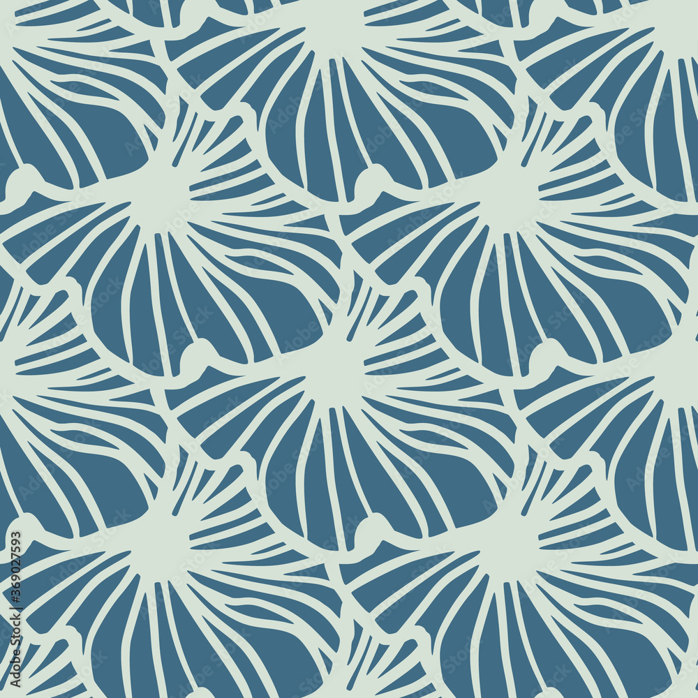 Flower outline silhouettes seamless pattern. Simple grey contoured ornament on navy blue background.