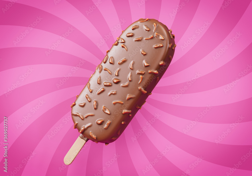 Ice cream on a stick on a bright pink background. Tasty summer sweets. Chocolate covered with nuts. Sugar addiction Ice cream on a stick on a bright pink background. Tasty summer sweets. Chocolate covered with nuts. Sugar addiction