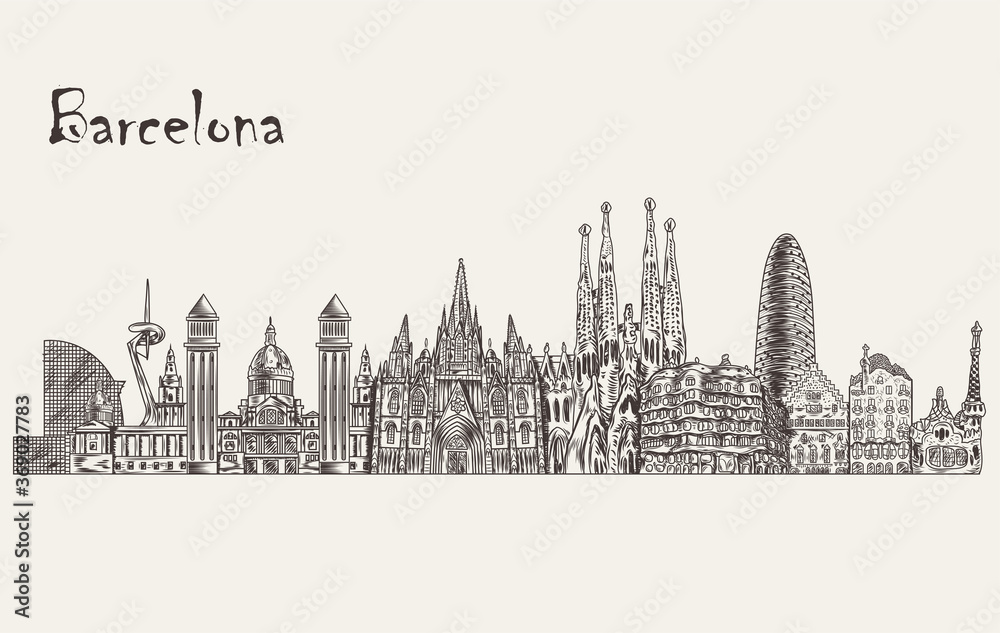 Barcelona detailed skyline. Barcelona in sketch style. Vector illustration