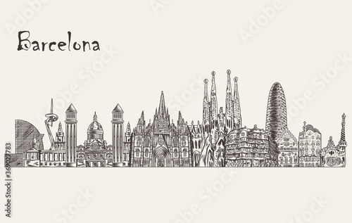 Barcelona detailed skyline. Barcelona in sketch style. Vector illustration