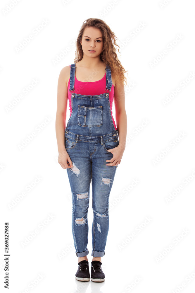 The portrait of young beautiful woman on white background.