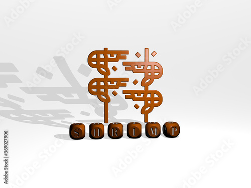 3D illustration of SHRIMP graphics and text made by metallic dice letters for the related meanings of the concept and presentations. food and background