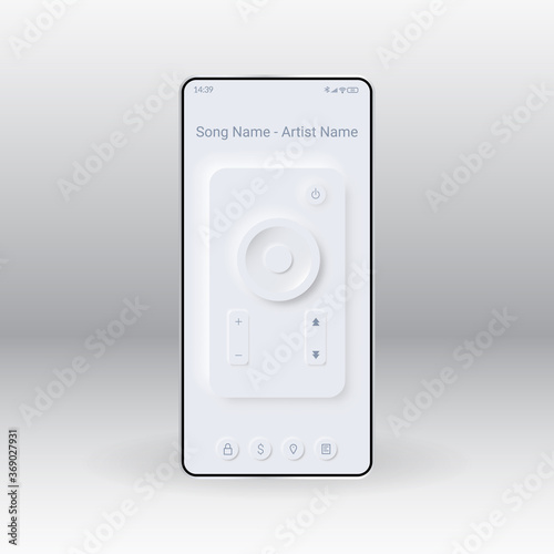 Mobile phone with a remote control on the screen in the neumorphic style. New user interface design in the mobile application. Music player in the app. Smartphone template. UI vector mockup