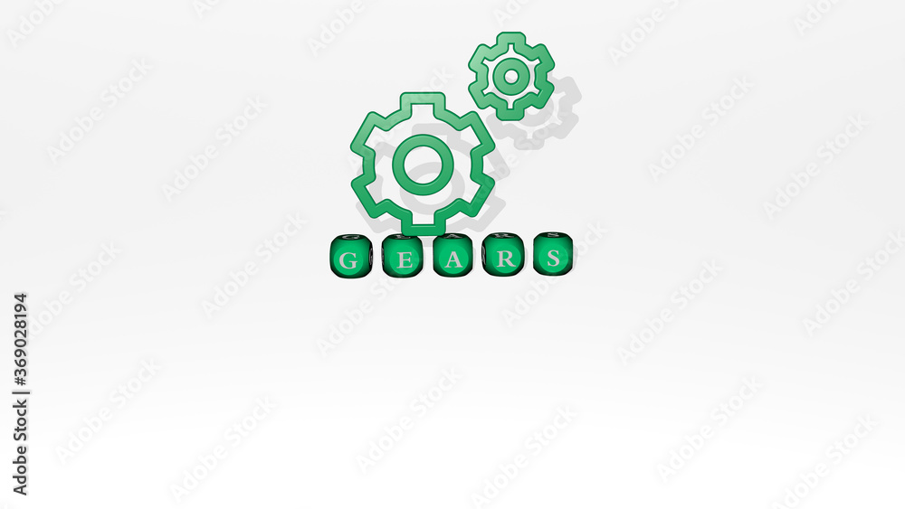 3D illustration of GEARS graphics and text made by metallic dice letters for the related meanings of the concept and presentations. background and business 3D illustration of GEARS graphics and text made by metallic dice letters for the related meanings of the concept and presentations. background and business
