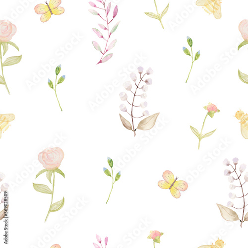 Watercolor floral pattern on a white background. Flowers print. Texture for fabric.
