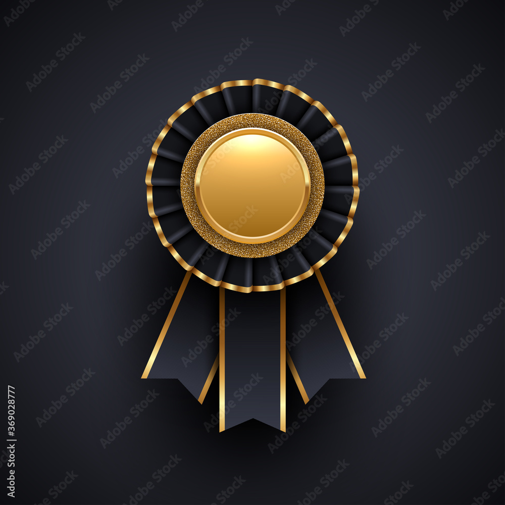 Gold and black award badge with ribbon. Vector illustration. Gold and black award badge with ribbon. Vector illustration.
