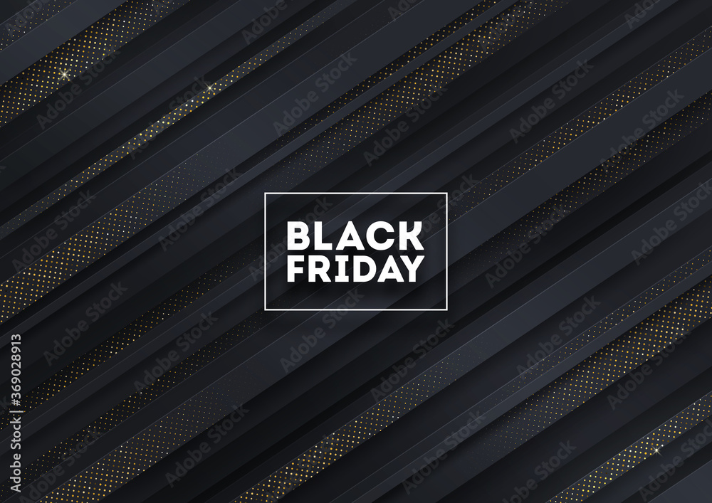 Black friday sale design. Black striped background with  golden halftone. Vector illustration.