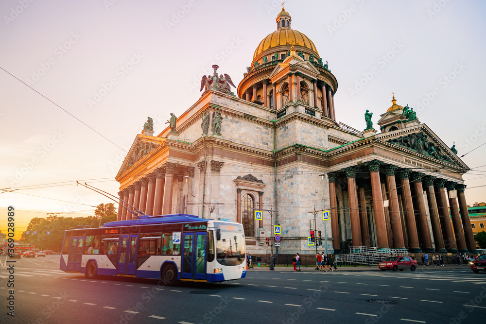 St Petersburg/ Russia - 27 July 2020:  Panoramic view of St. Isaac's Cathedral and highways. Evening streets, the urban life the concept of the Russian tourism