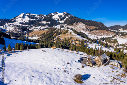 Germany, Mangfall Mountains, Upper Bavaria, Bayrischzell region, Oberaudorf, Sudelfeld, ski resort, aerial view