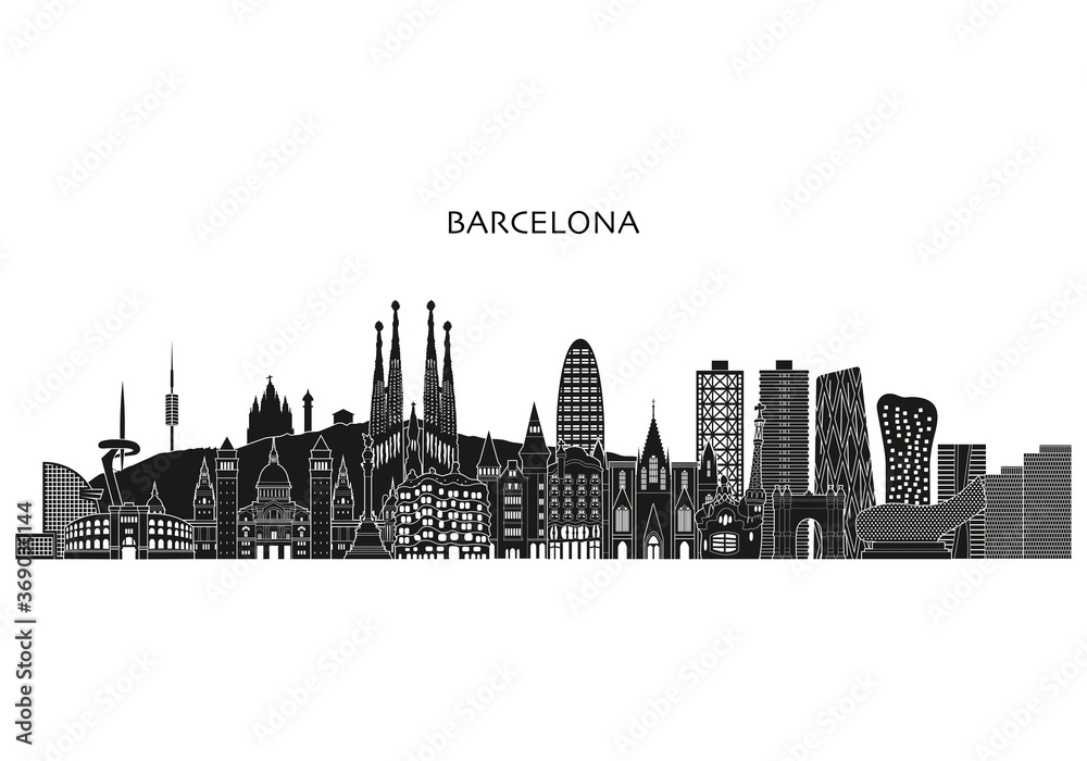 Barcelona detailed skyline. Famous Barcelona monuments. Vector illustration