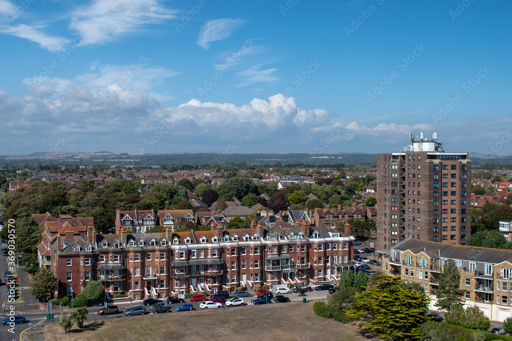 Aerial view of Littlehampton in West Sussex from the seafront looking towards South Strand.