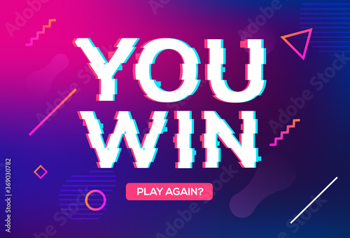 Retro game glitch win score background. Video game you win glitch effect text