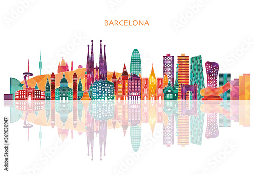 Barcelona detailed skyline. Barcelona in sketch style. Famous Barcelona monuments. Vector illustration