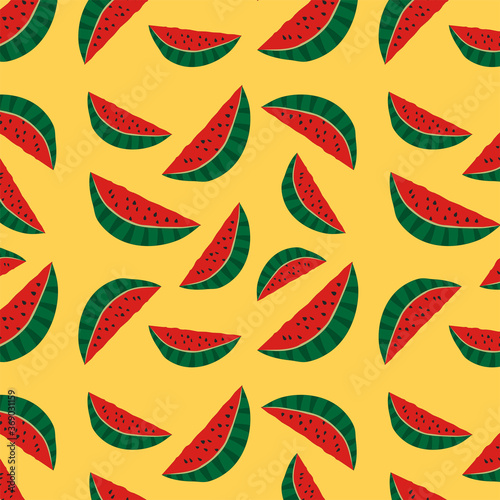 Seamless pattern red juicy pieces of watermelon on a yellow background summer time vector illustration for wallpaper