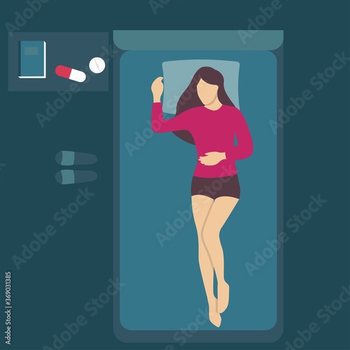 Woman sleeping at night in her bed. Vector illustration. sleeping pills, sleep disorders concept.